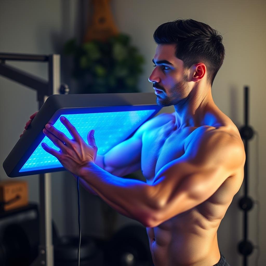 Athlete using LLLT device after workout Athlete using LLLT device after workout