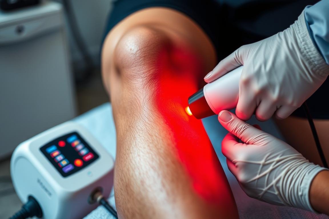 Athlete using LLLT device on knee injury showing Benefits of LLLT for joint healing