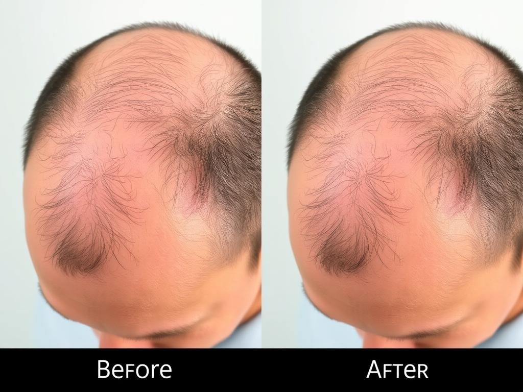 Before and after LLLT laser treatment for male pattern baldness