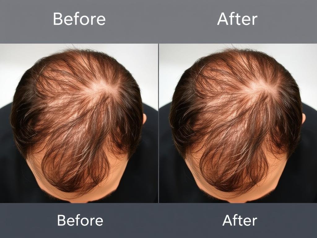 Before and after clinical results showing hair regrowth with LLLT cap treatment
