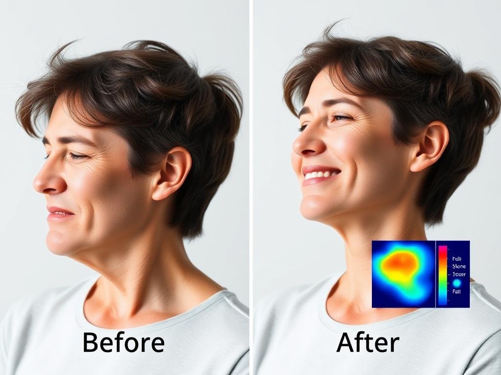 Before and after comparison of a person with chronic neck pain, showing improved posture and comfort after LLLT treatment