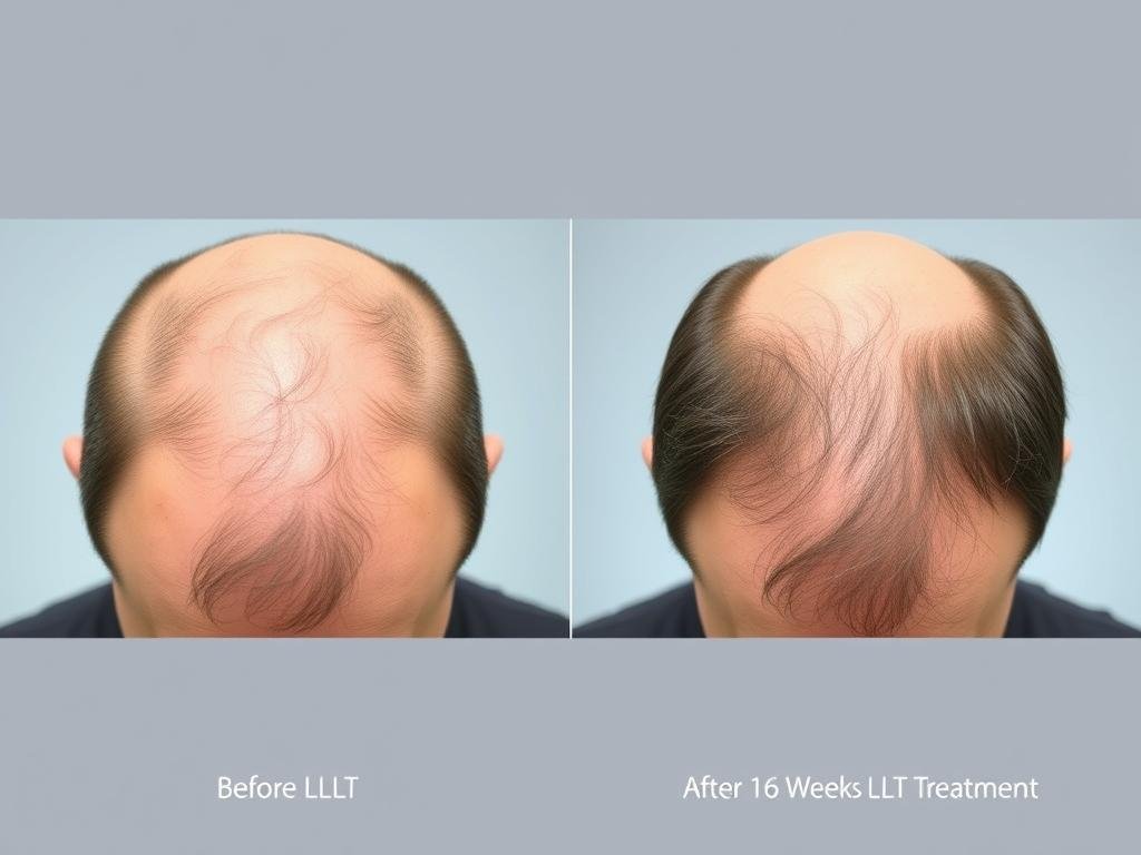 Before and after comparison of scalp showing hair regrowth after LLLT treatment for pattern baldness