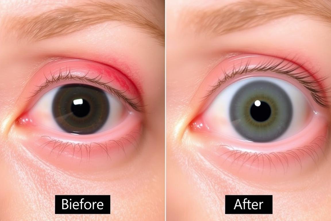 Before and after images showing improvement in eye redness after LLLT Eye Therapy