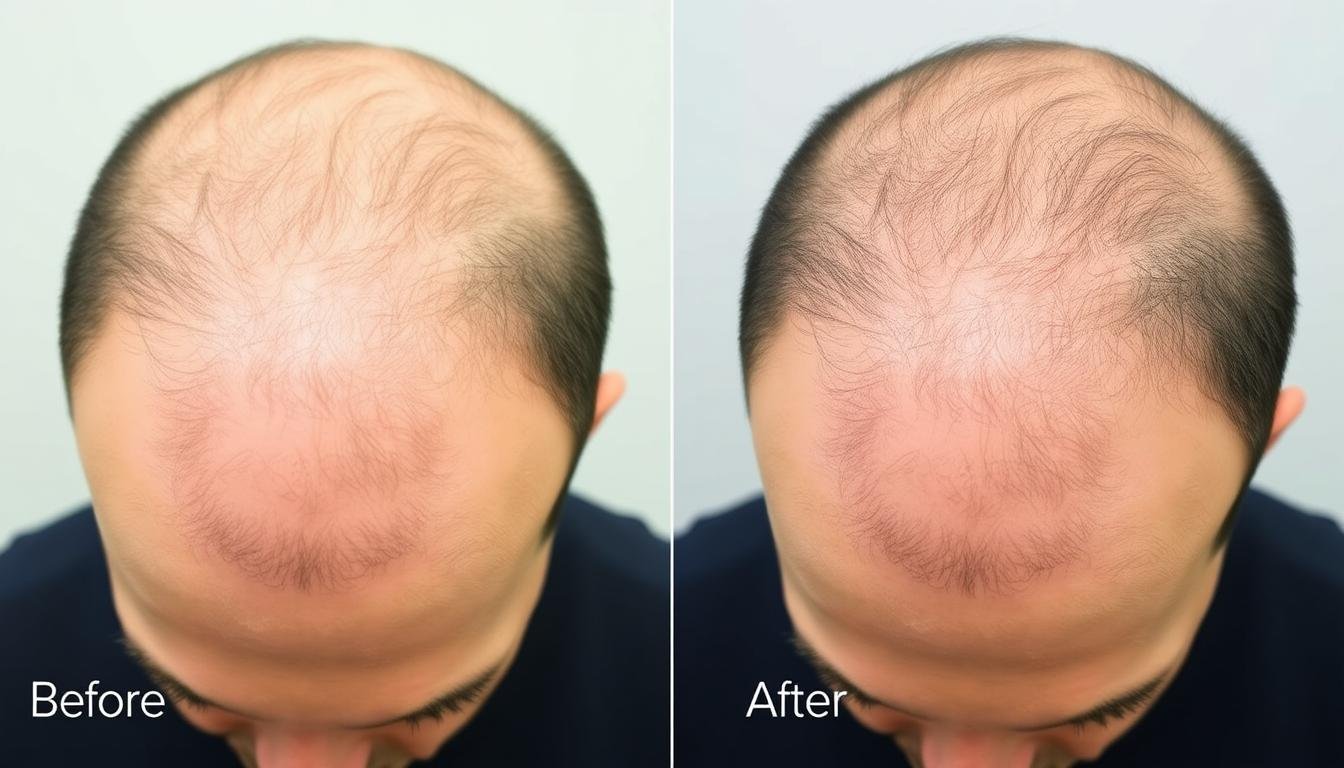 Before and after photos showing LLLT results for male pattern baldness Before and after photos showing LLLT results for male pattern baldness