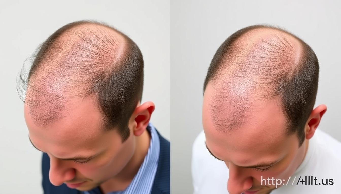 Before and after photos showing hair regrowth results from LLLT treatment