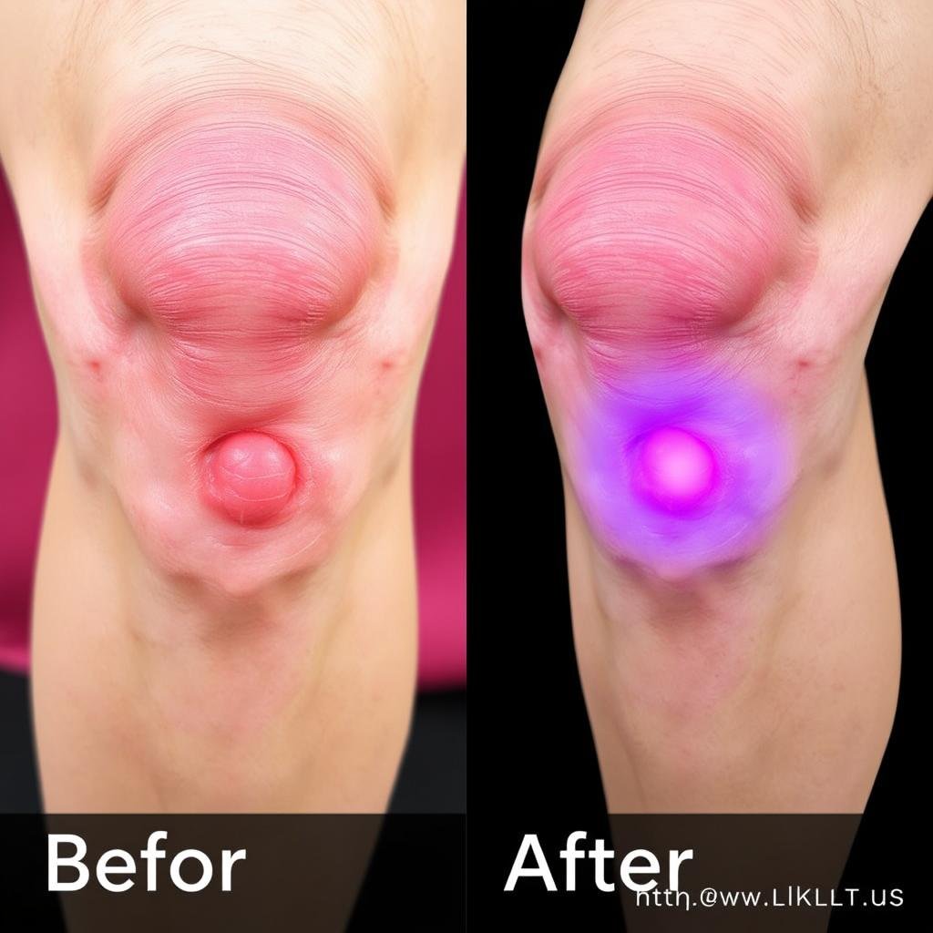 Before and after photos showing reduced knee inflammation using MAIKONG LLLT device Before and after photos showing reduced knee inflammation using MAIKONG LLLT device