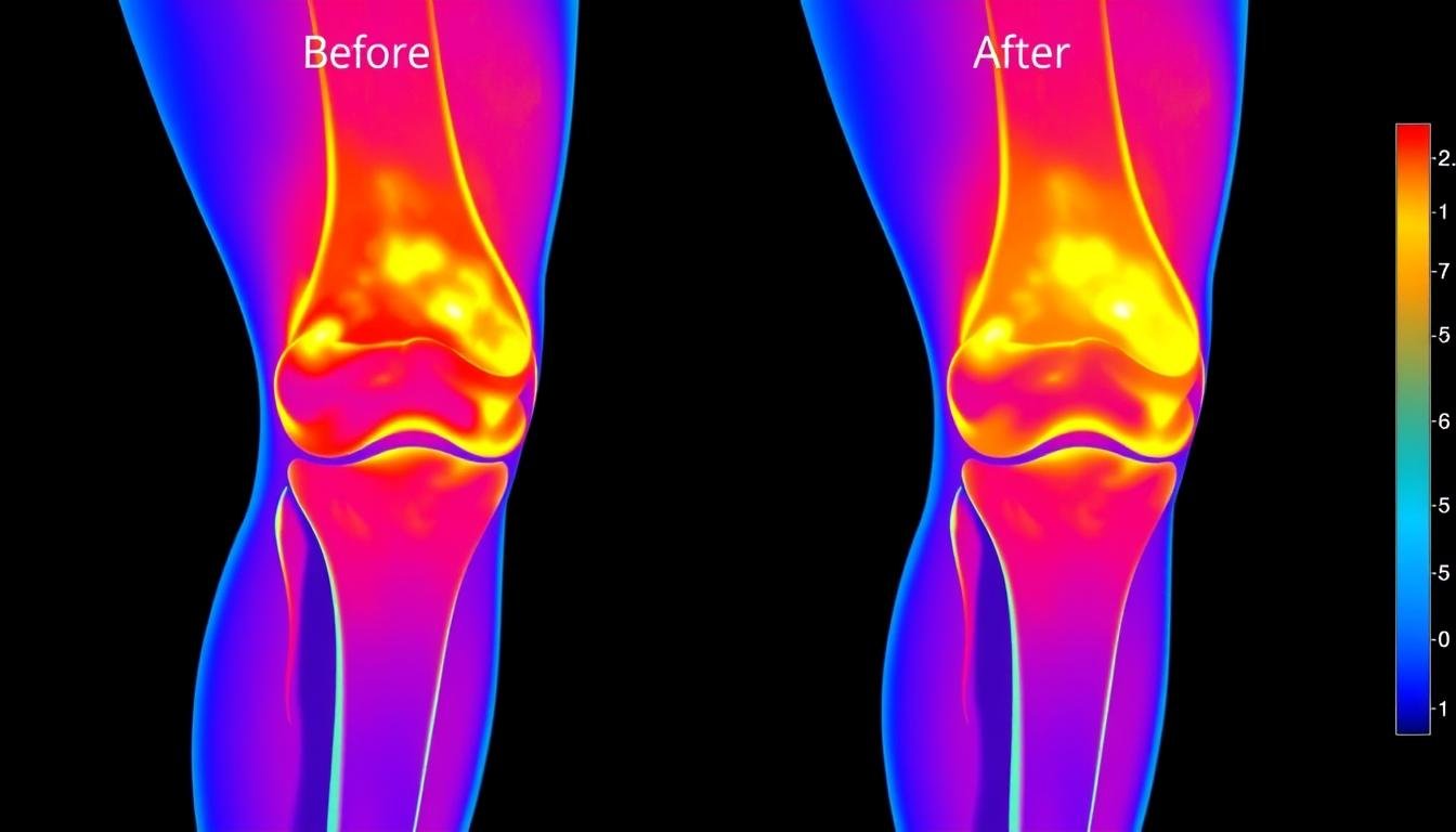 Before and after thermal imaging showing reduced inflammation in a knee joint after LLLT treatment Before and after thermal imaging showing reduced inflammation in a knee joint after LLLT treatment