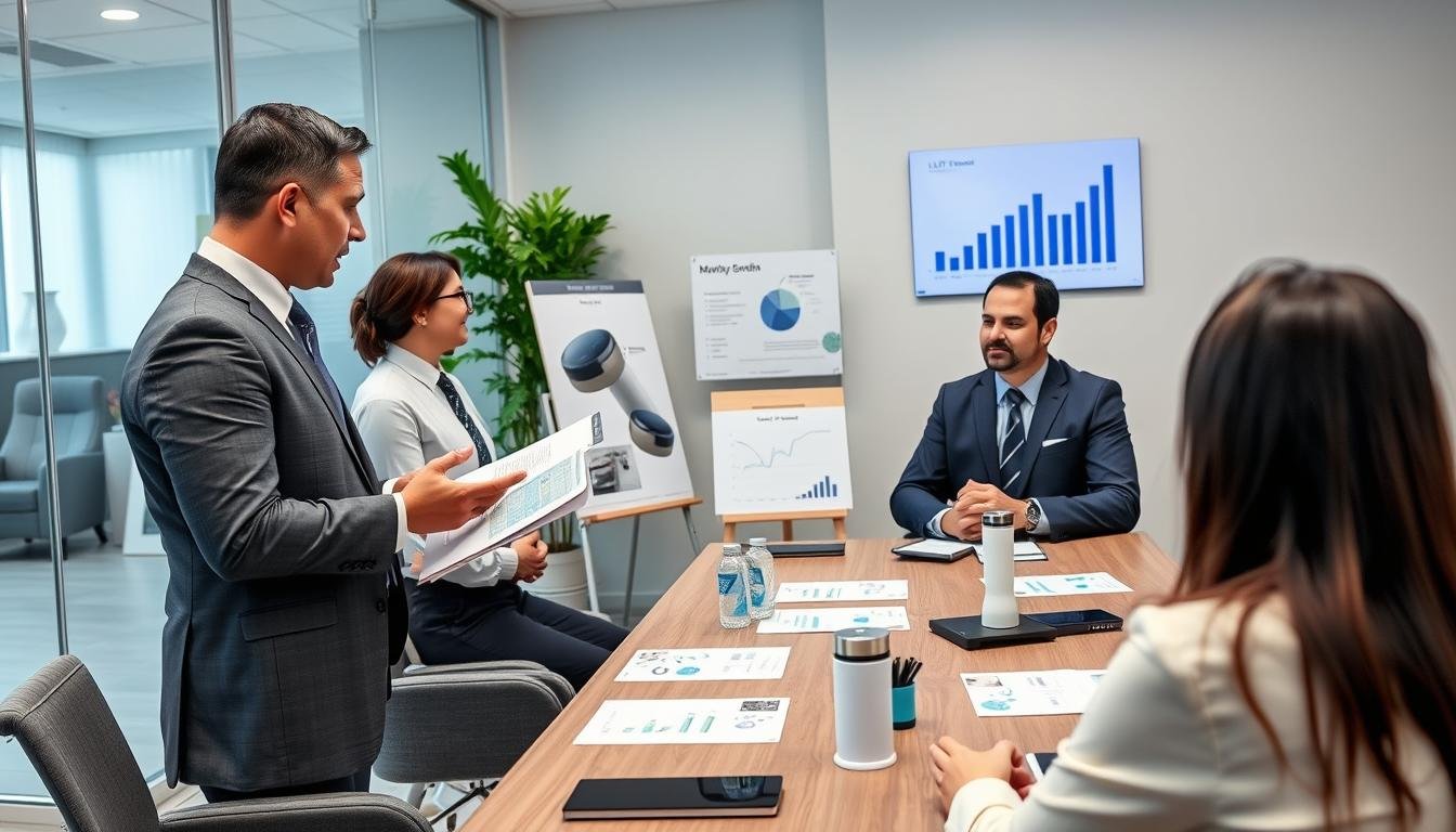 Business meeting showing LLLT cap presentation to potential distributors