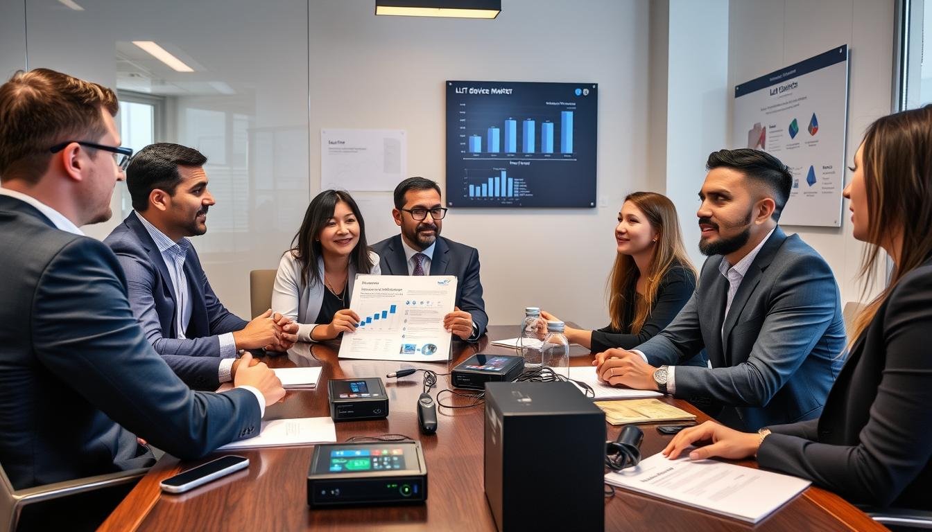 Business partners discussing LLLT device wholesale opportunities Business partners discussing LLLT device wholesale opportunities