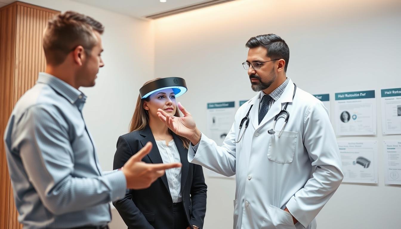 Business professional demonstrating LLLT cap to a client in a modern clinic setting