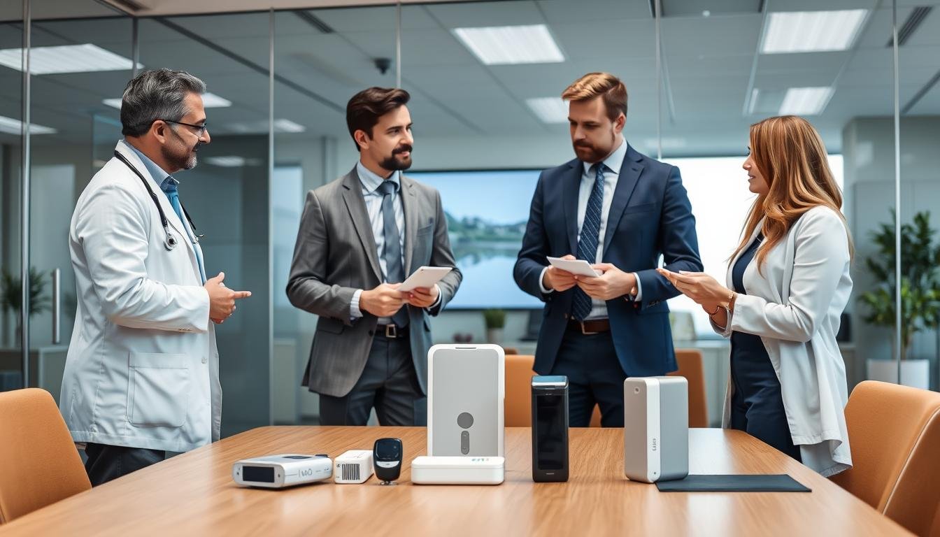 Business professionals discussing LLLT device distribution