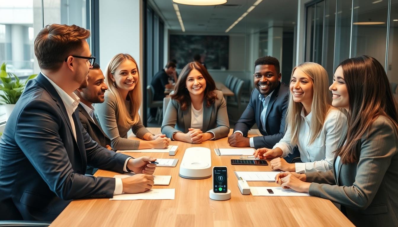 Business professionals discussing MAIKONG LLLT device partnership Business professionals discussing MAIKONG LLLT device partnership