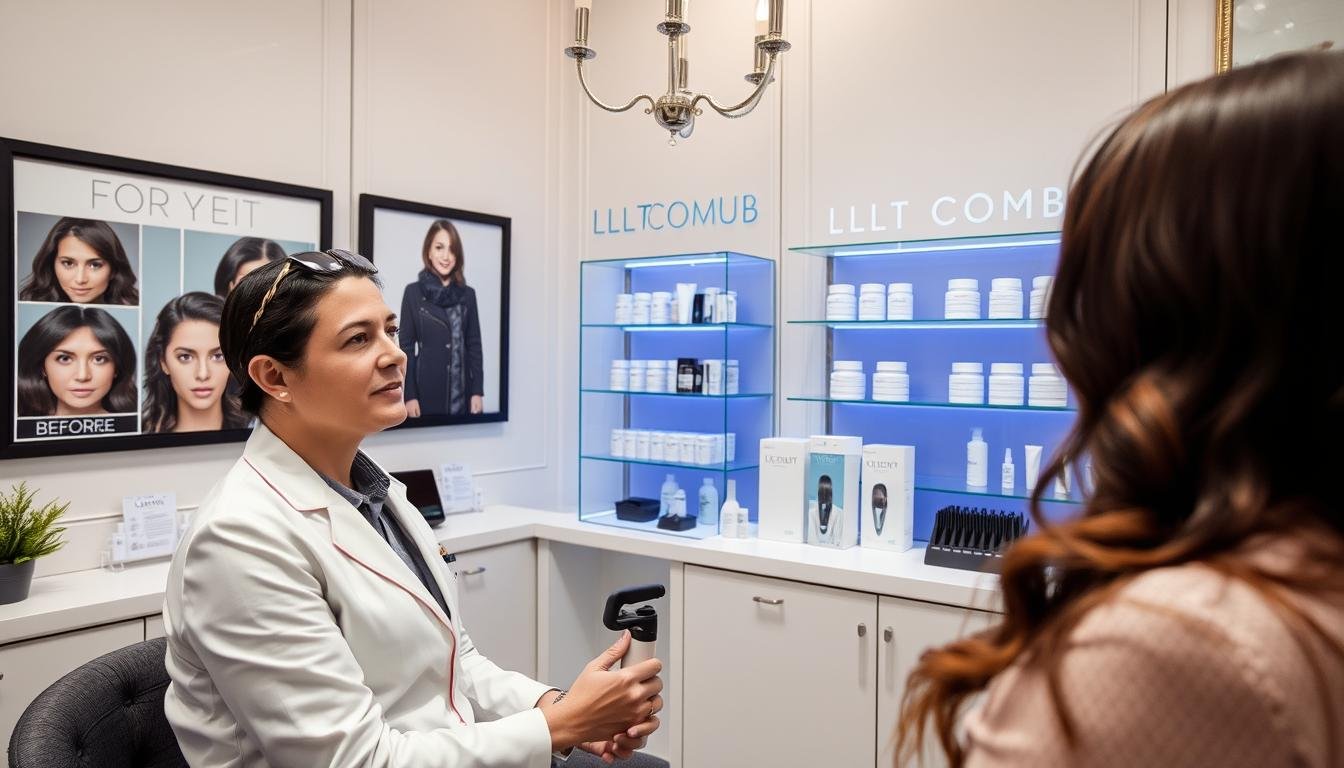 Client consultation for LLLT Comb therapy in professional setting