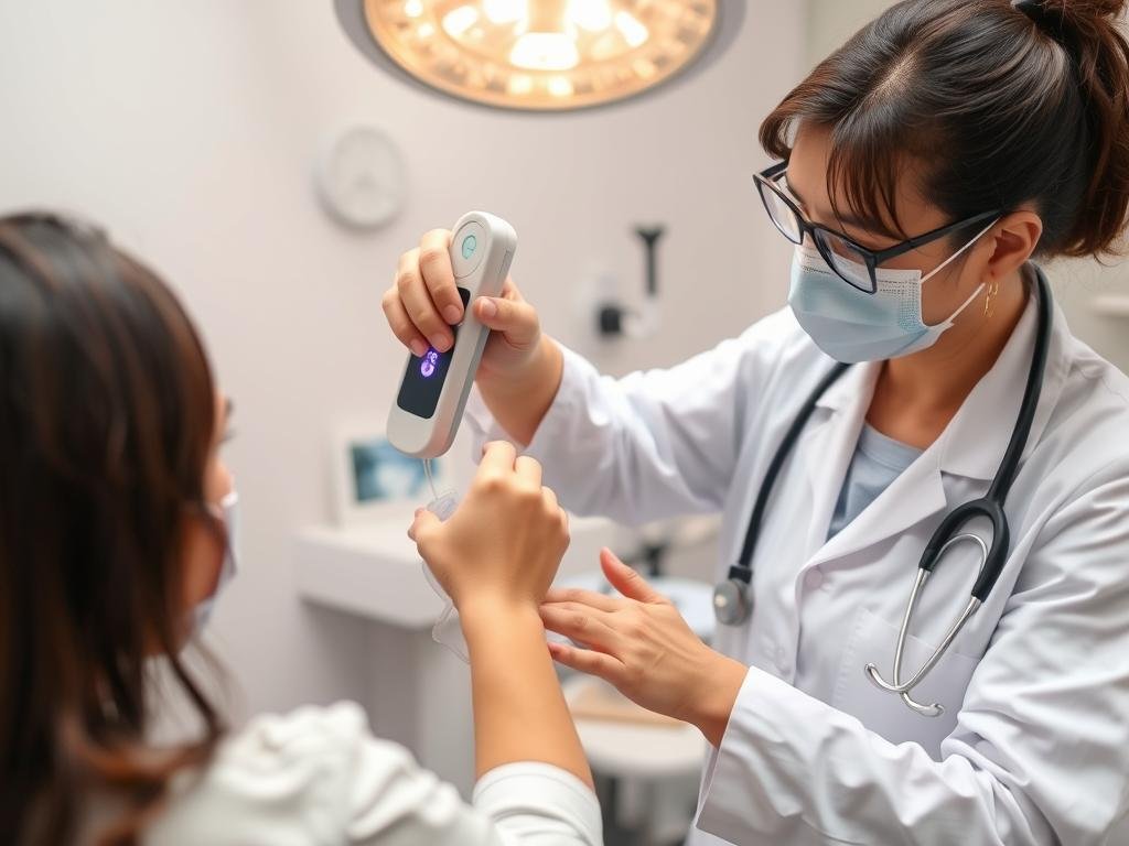 Clinician demonstrating LLLT Comb treatment to a patient