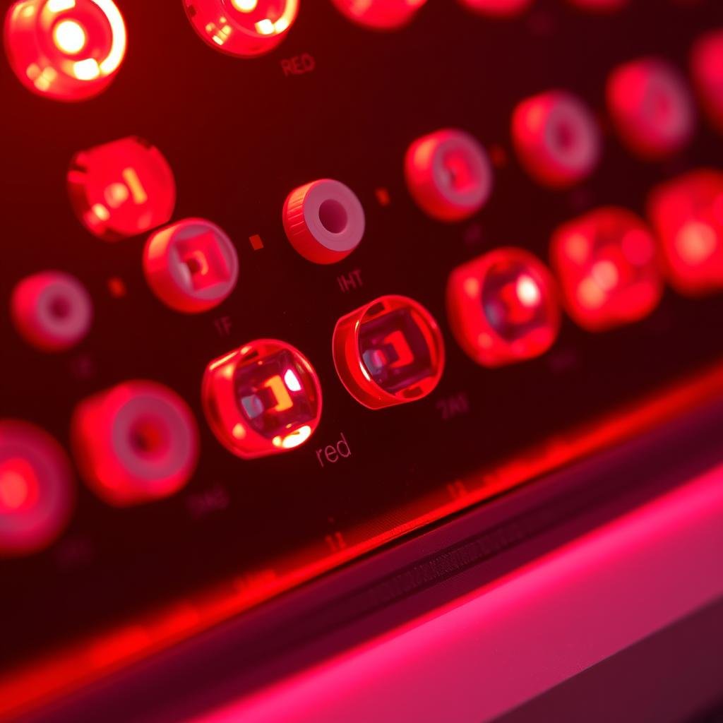 Close-up of red light therapy LEDs showing different wavelength emitters
