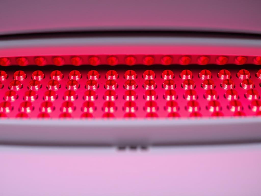 Close-up of red light therapy LEDs showing the wavelength technology