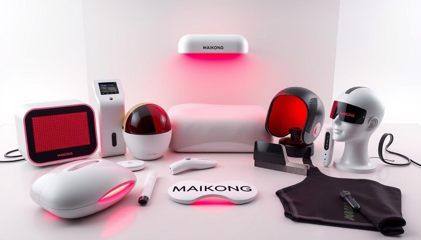 Collection of MAIKONG LLLT devices including laser therapy device, red light therapy bed, and various targeted applicators
