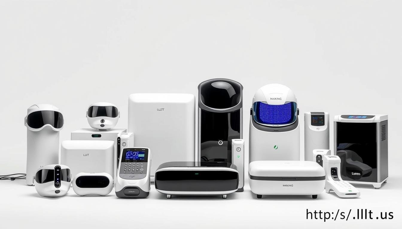 Collection of MAIKONG LLLT devices including masks, helmets and targeted applicators