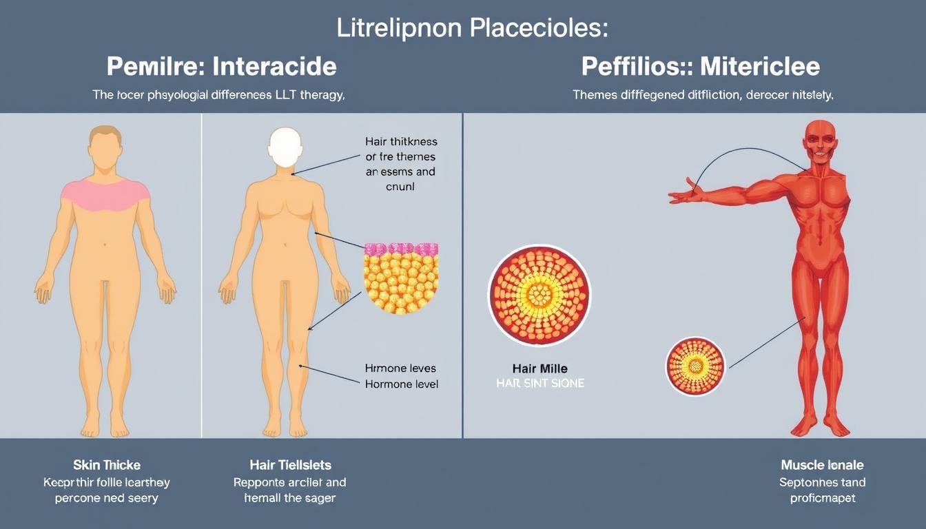Comparison diagram showing physiological differences between men and women that affect LLLT treatment responses
