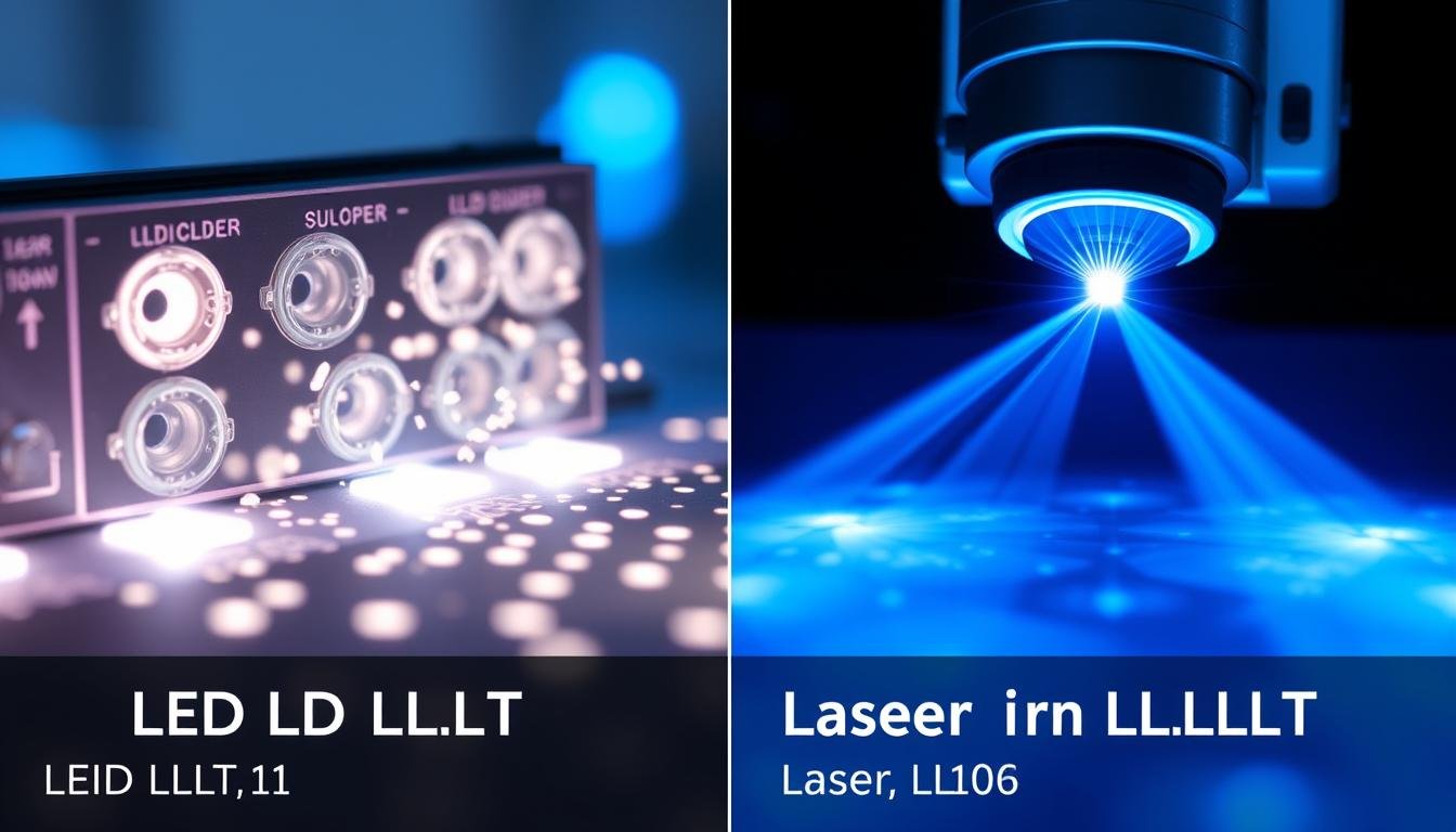 Comparison of LED LLLT and laser LLLT devices showing different light emission patterns