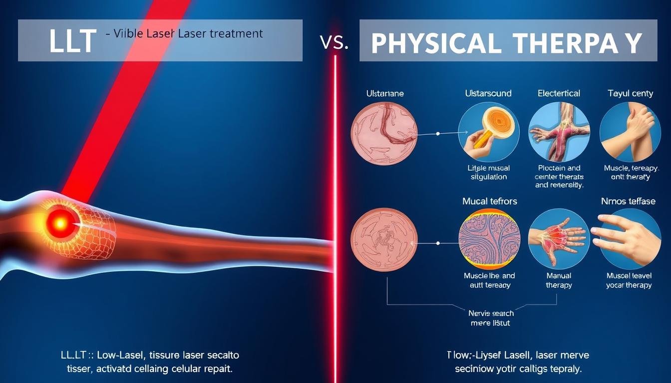 Comparison of LLLT with physical therapy modalities showing different healing mechanisms