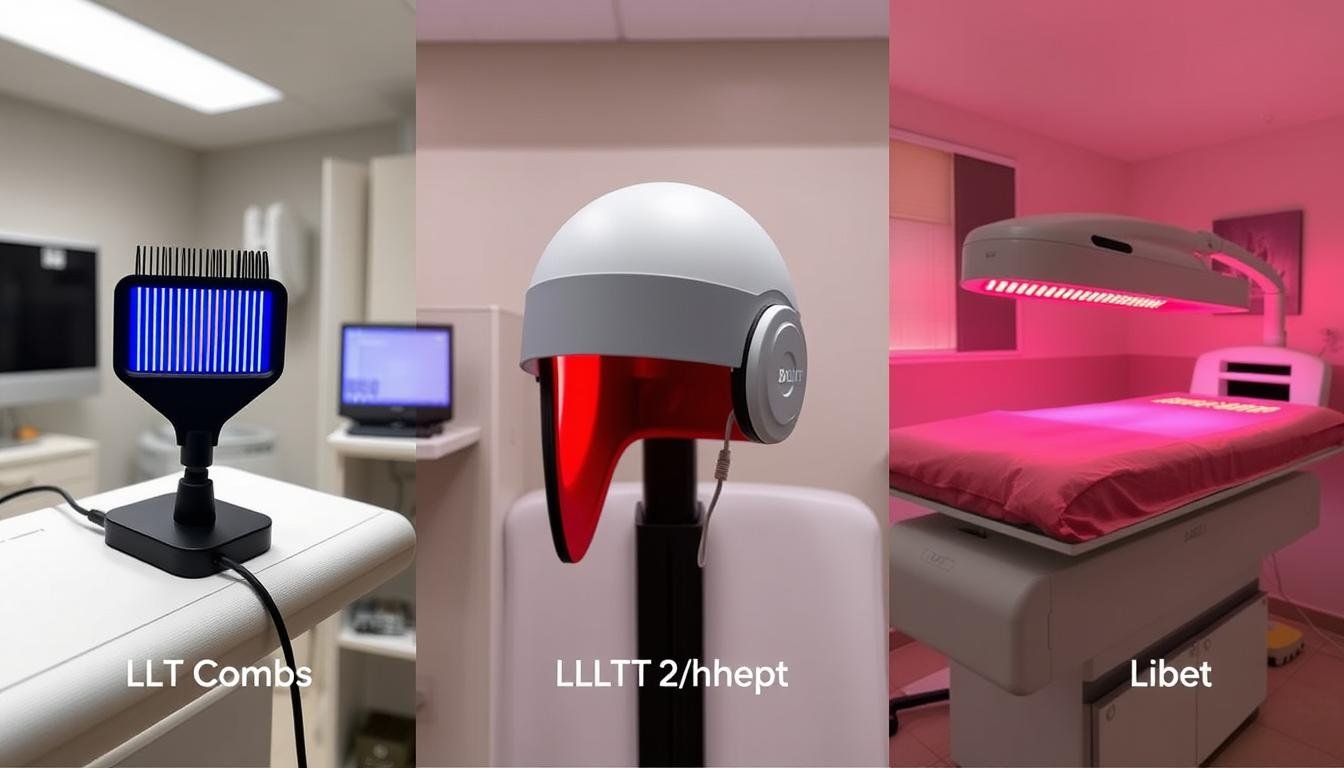 Comparison of different LLLT devices including comb, cap, and bed