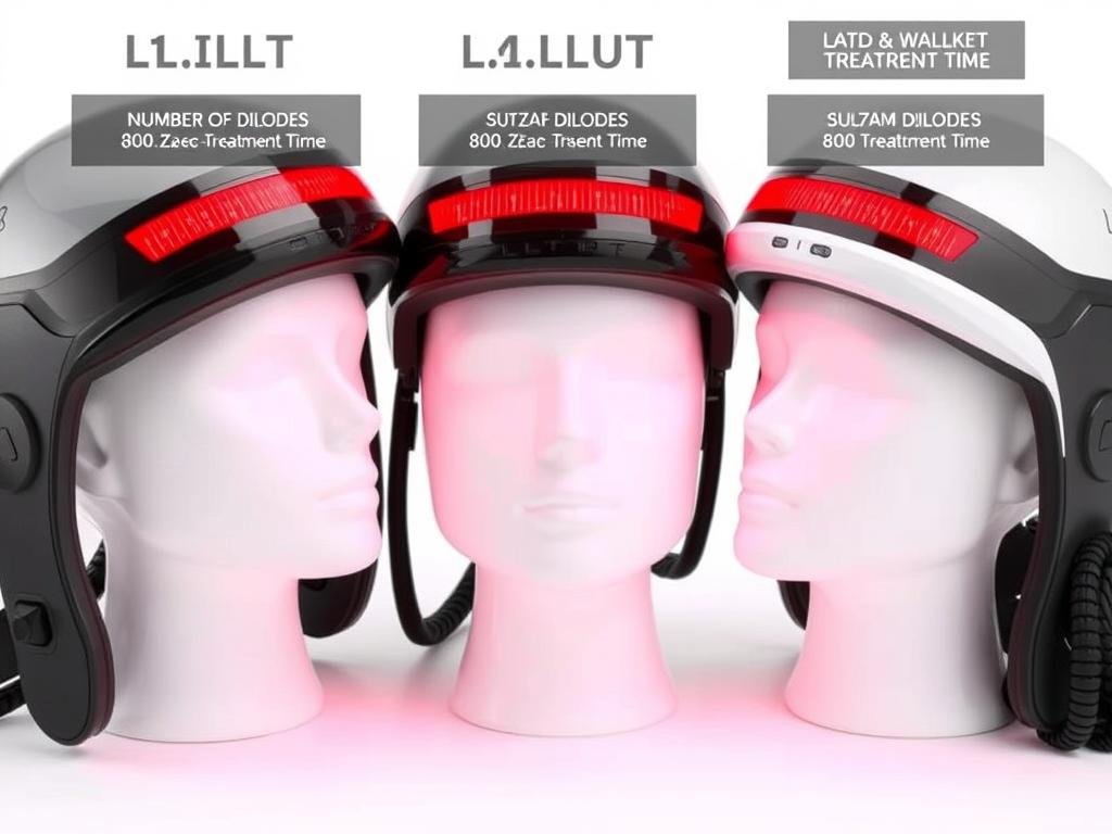 Comparison of different LLLT laser helmets showing their features