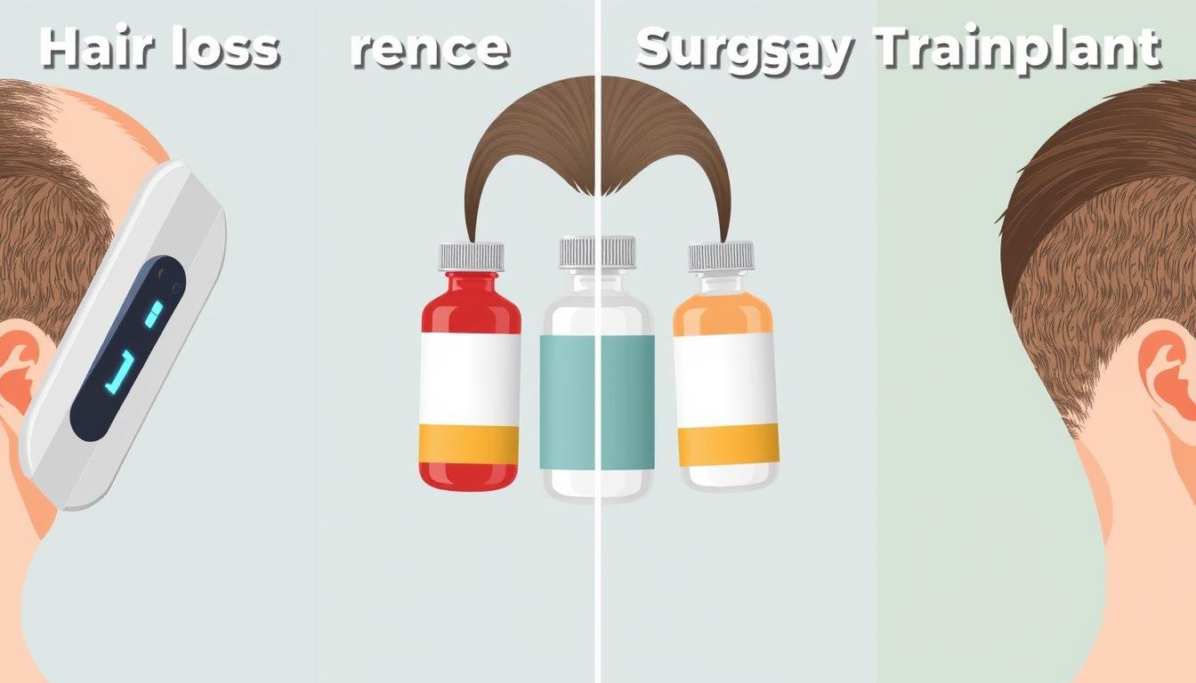 Comparison of different hair loss treatments showing LLLT, medication, and surgical options Comparison of different hair loss treatments showing LLLT, medication, and surgical options