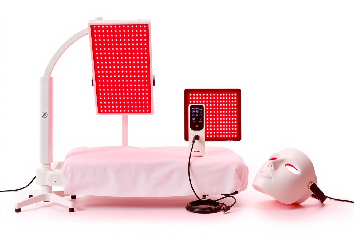 Comparison of different red light therapy devices including bed, panel, handheld, and mask