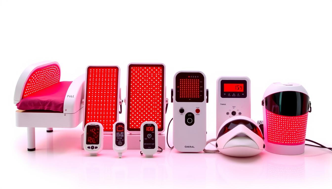 Comparison of different red light therapy devices including beds, panels, and handheld units