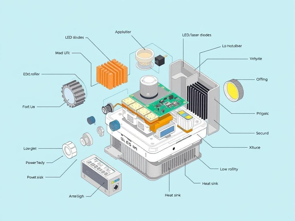 Components of a modern LLLT device showing diodes, controller board, and power system