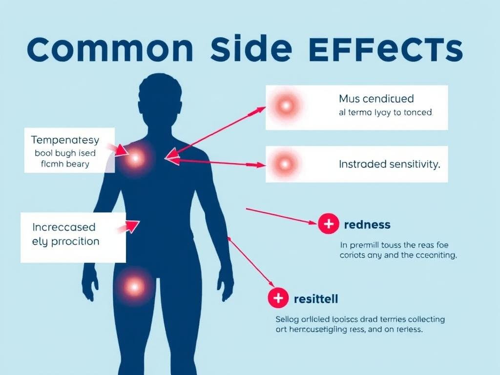 Diagram showing common LLLT laser side effects including temporary redness, mild discomfort, and increased sensitivity Diagram showing common LLLT laser side effects including temporary redness, mild discomfort, and increased sensitivity
