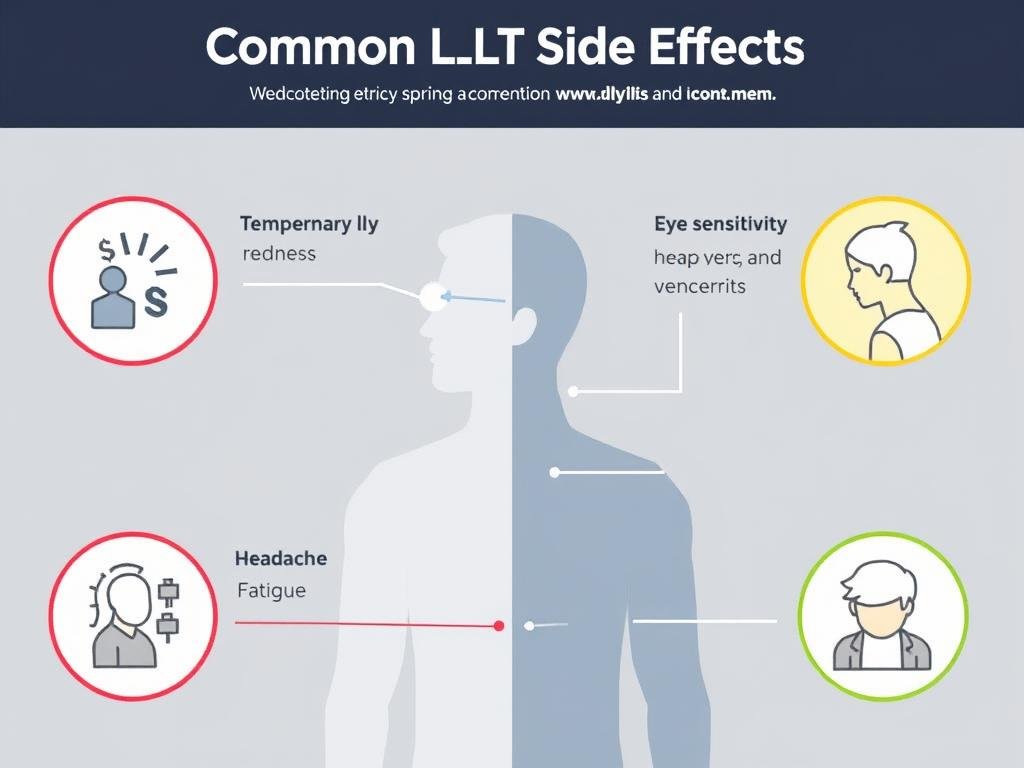 Diagram showing common LLLT side effects in men with visual representations of each symptom