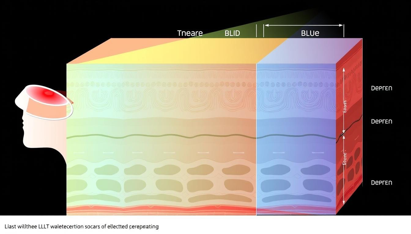 Diagram showing different LLLT wavelengths and their penetration depths in tissue