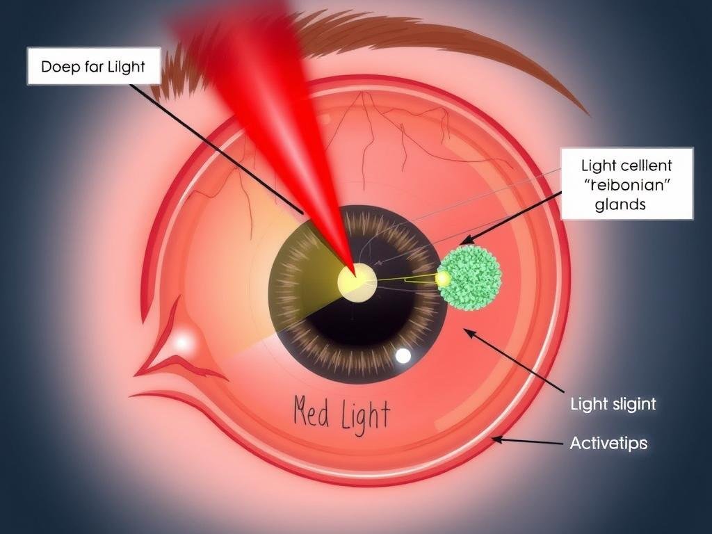 Diagram showing how LLLT affects meibomian glands in the eyelid