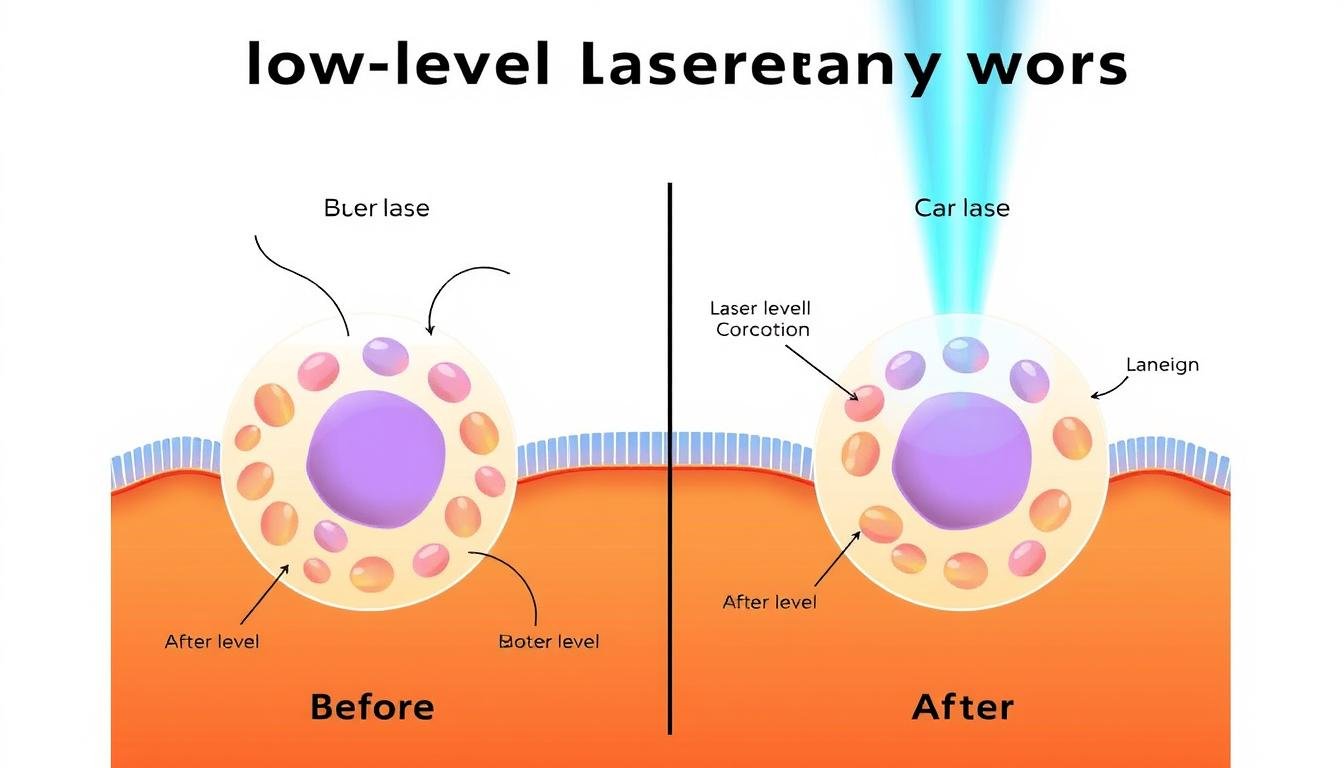 Diagram showing how LLLT works at the cellular level with before and after effects