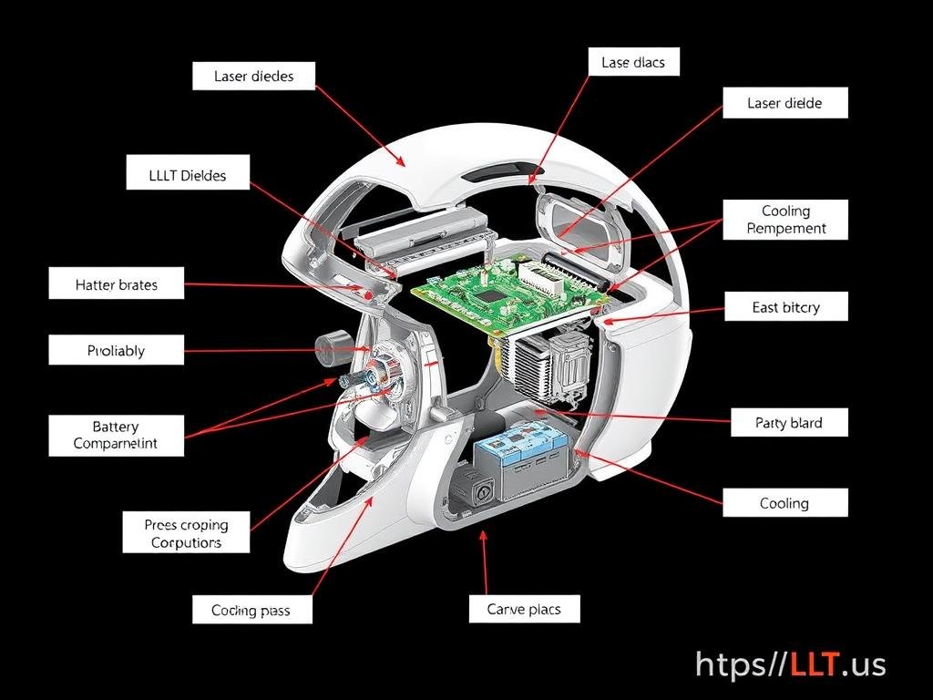 Exploded view of an LLLT Helmet showing internal components