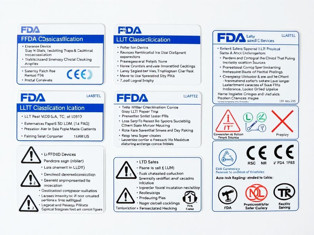FDA classification labels for different LLLT devices showing safety categories