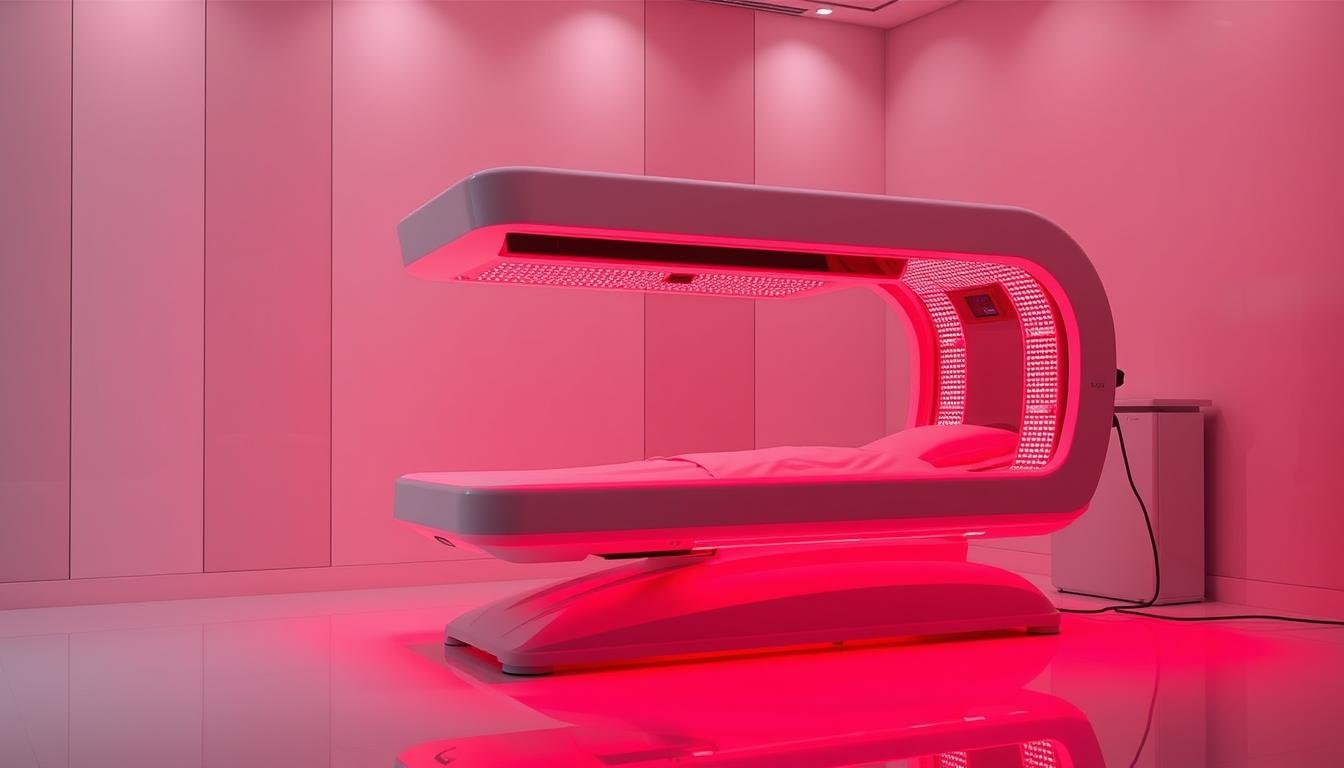 Full-body red light therapy bed with red light illuminating a treatment room