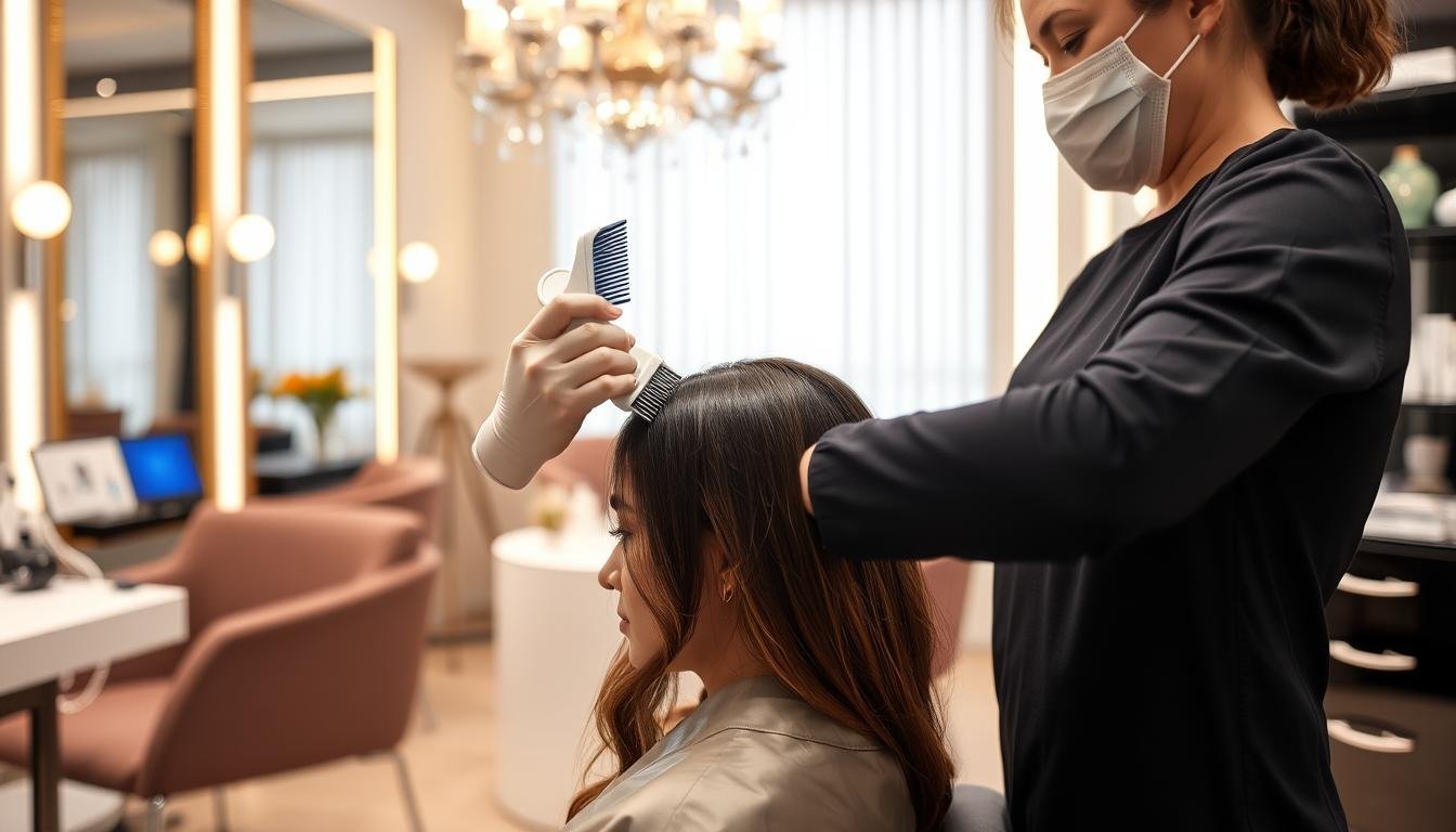 Hair professional using LLLT Comb on client in salon setting