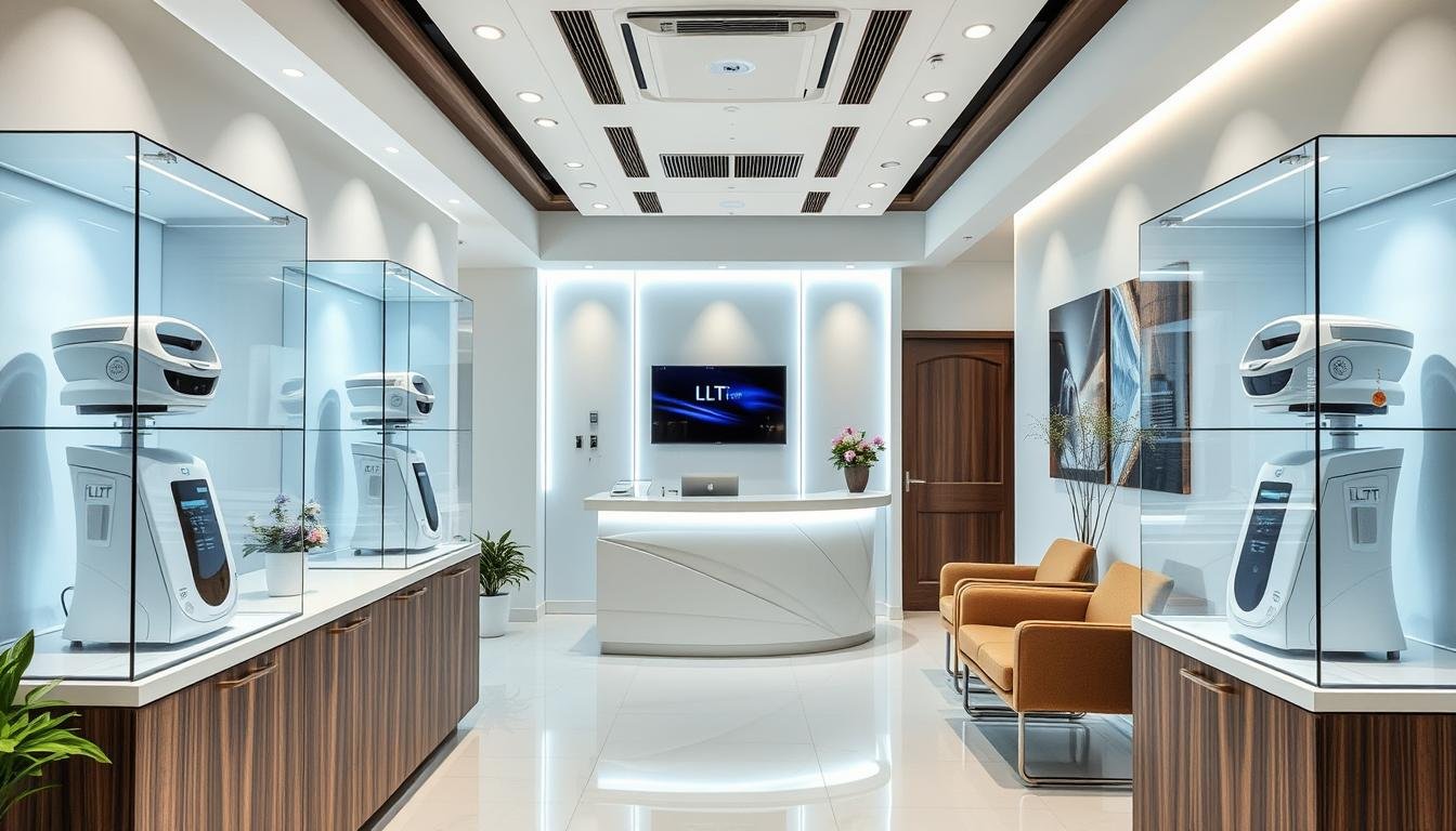 Hair restoration clinic reception with LLLT devices displayed