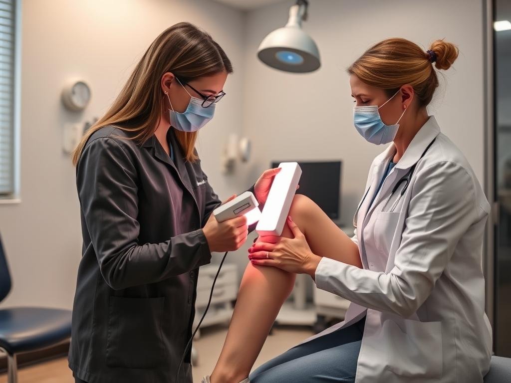 Healthcare professional applying LLLT device to patient's knee