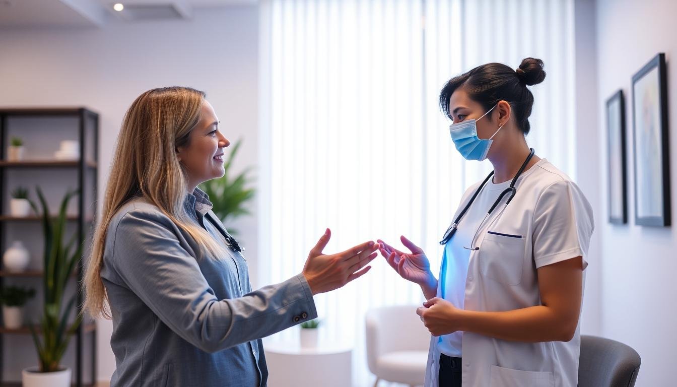 Healthcare professional demonstrating LLLT Clothing to a client