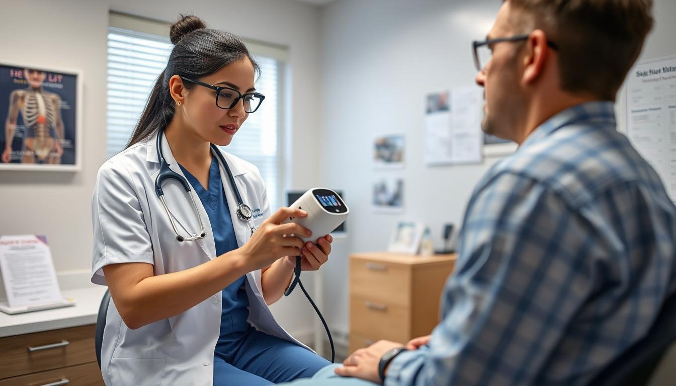 Healthcare professional demonstrating LLLT device to patient