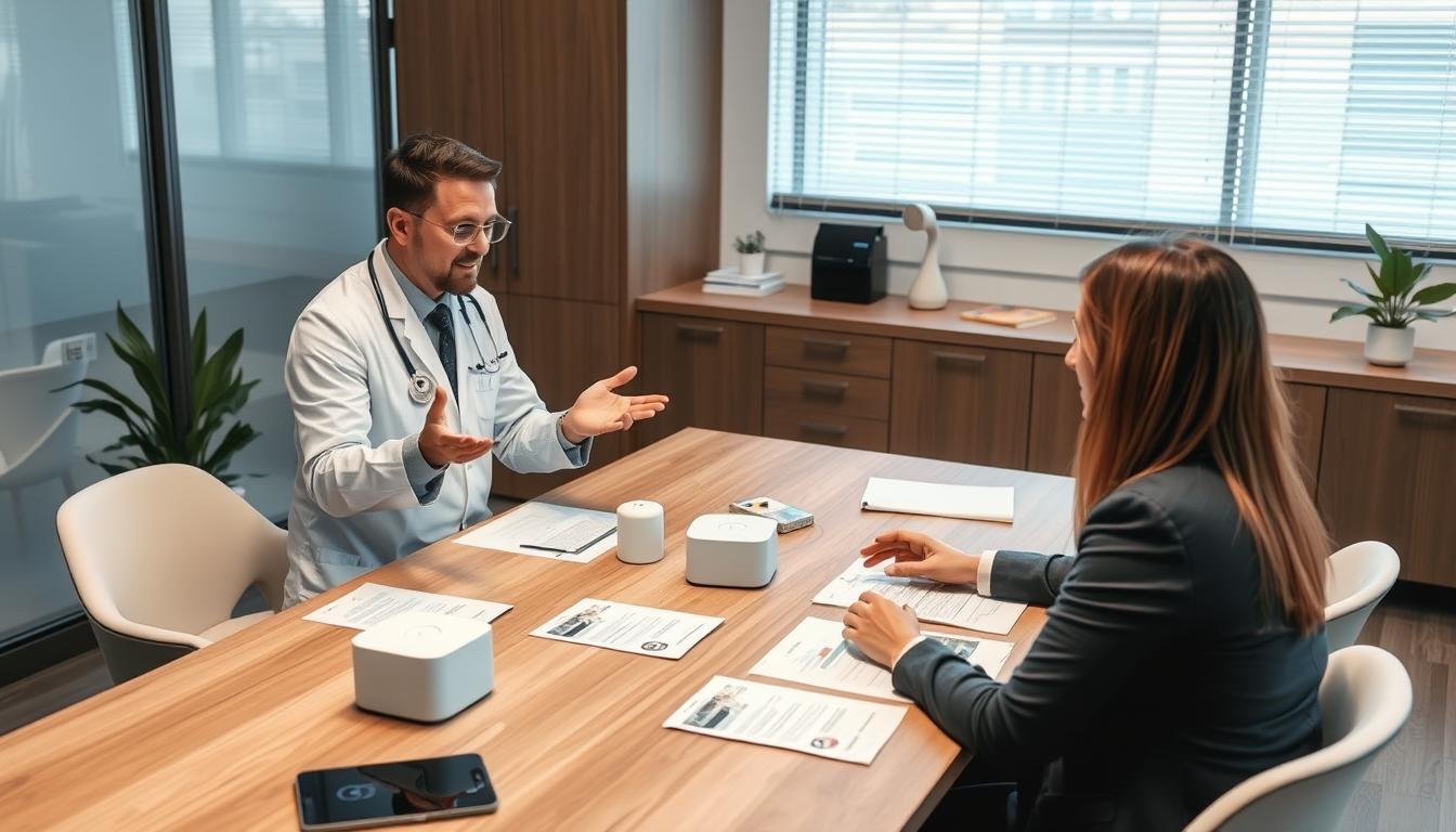 Healthcare professional discussing LLLT cap benefits with a business client