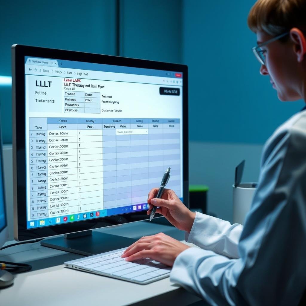 Healthcare professional documenting LLLT laser therapy parameters and patient response