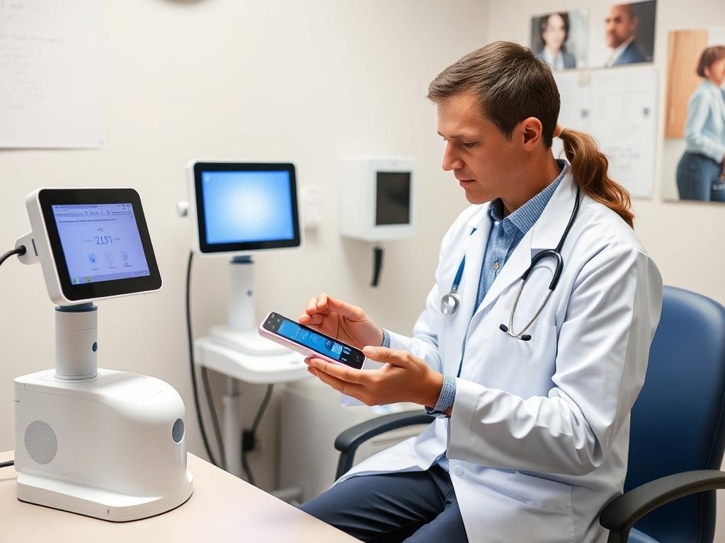 Healthcare professional evaluating LLLT device features