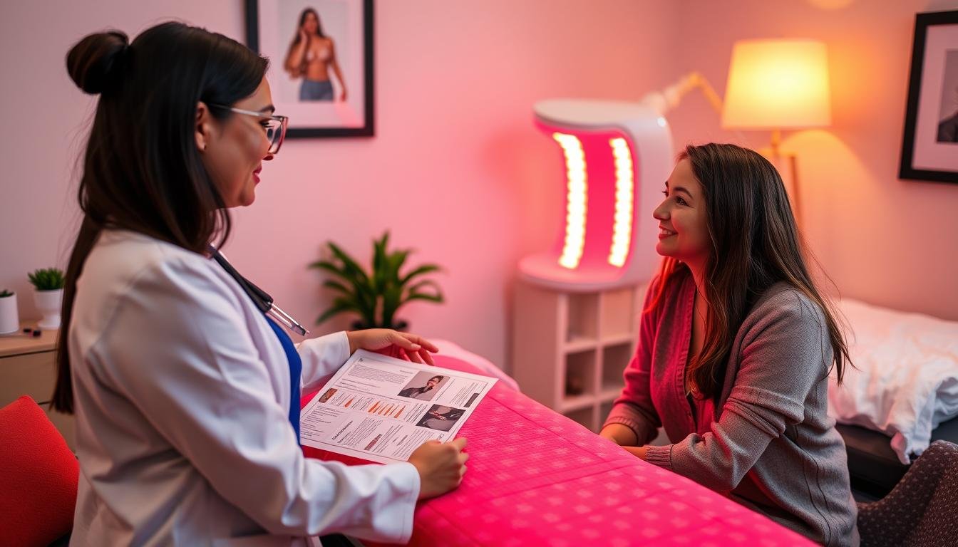 Healthcare professional explaining red light therapy to a client