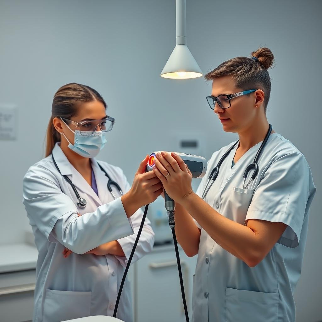Healthcare professional receiving training on LLLT laser device operation