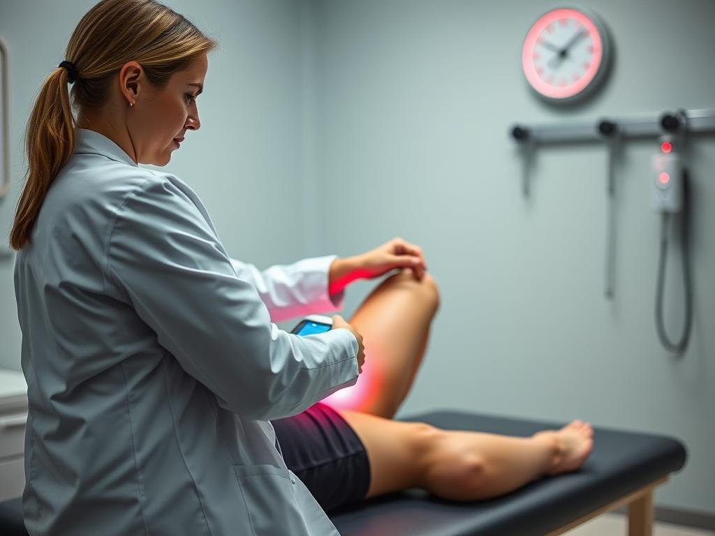 Healthcare professional using LLLT device on patient's knee